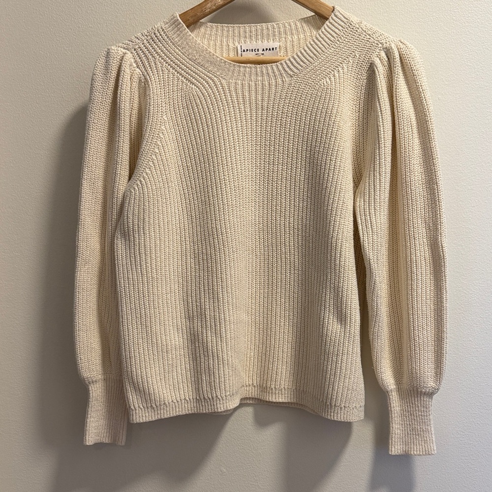 Apiece Apart Ivory Ribbed Puff-Sleeve Crew Sweater